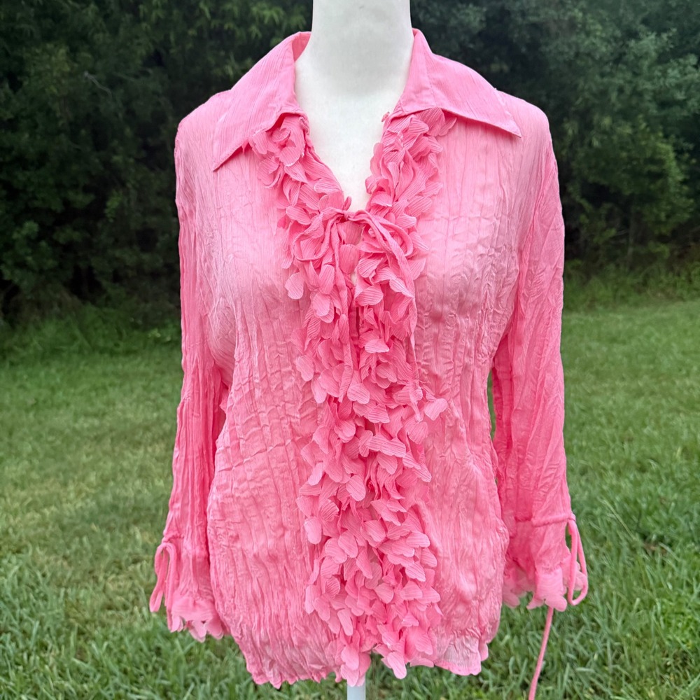 Vintage Y2K Crinkle Ruffle Coquette Blouse Women XL Pink